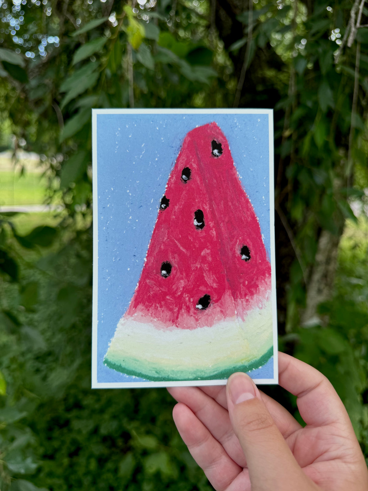 Watermelon Oil Pastel Print 4x6 – vivid pink and green tones on art paper