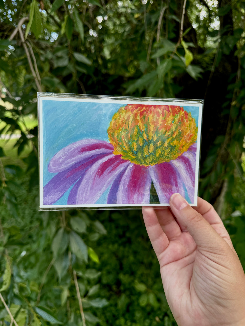 Close-up detail of coneflower oil pastel artwork – layered texture and color