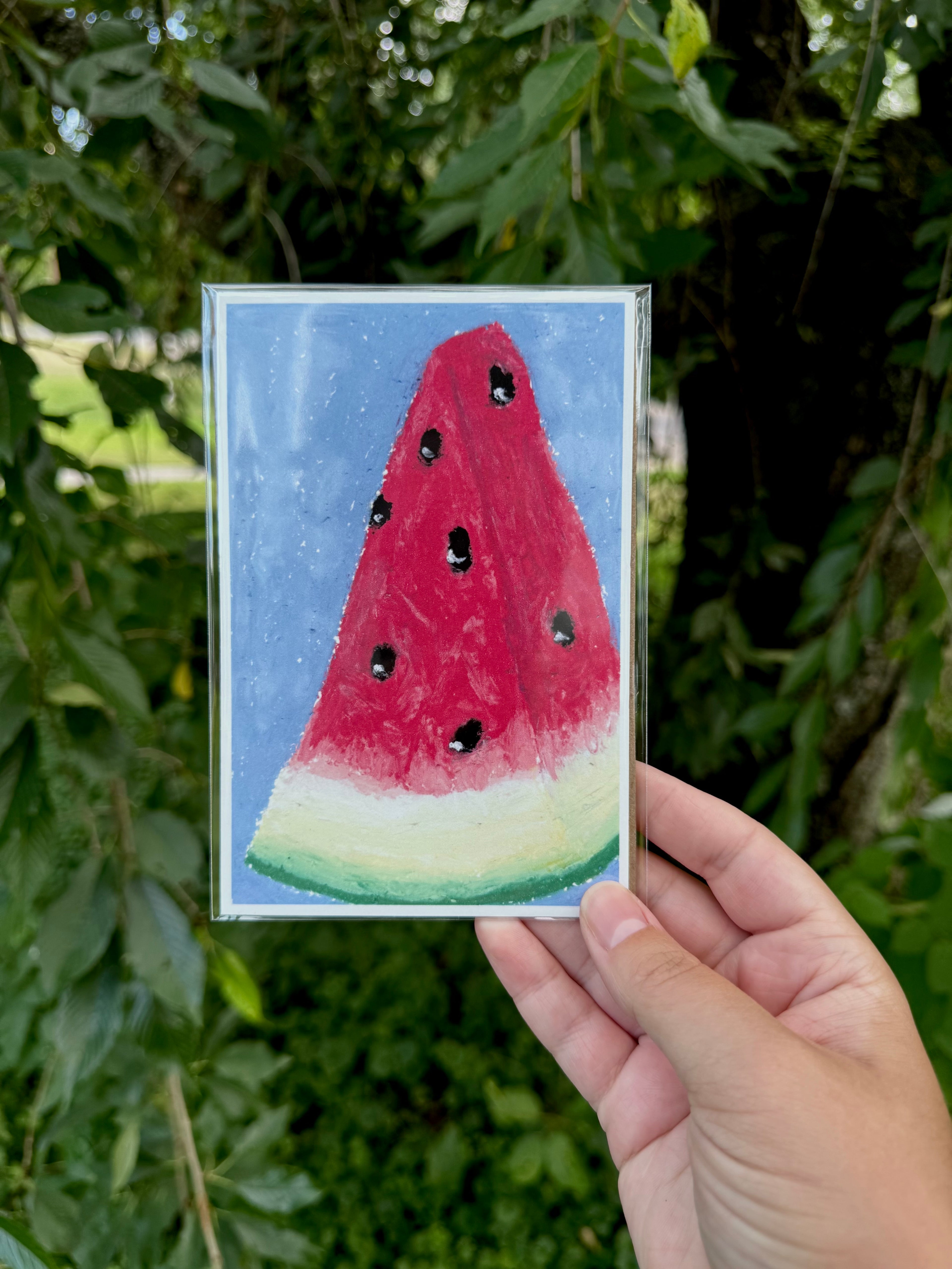 4x6 watermelon print shown next to hand for scale – small wall art