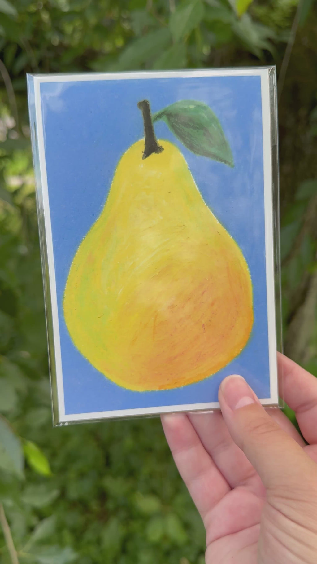 Close-up detail of pear oil pastel artwork – layered texture and color