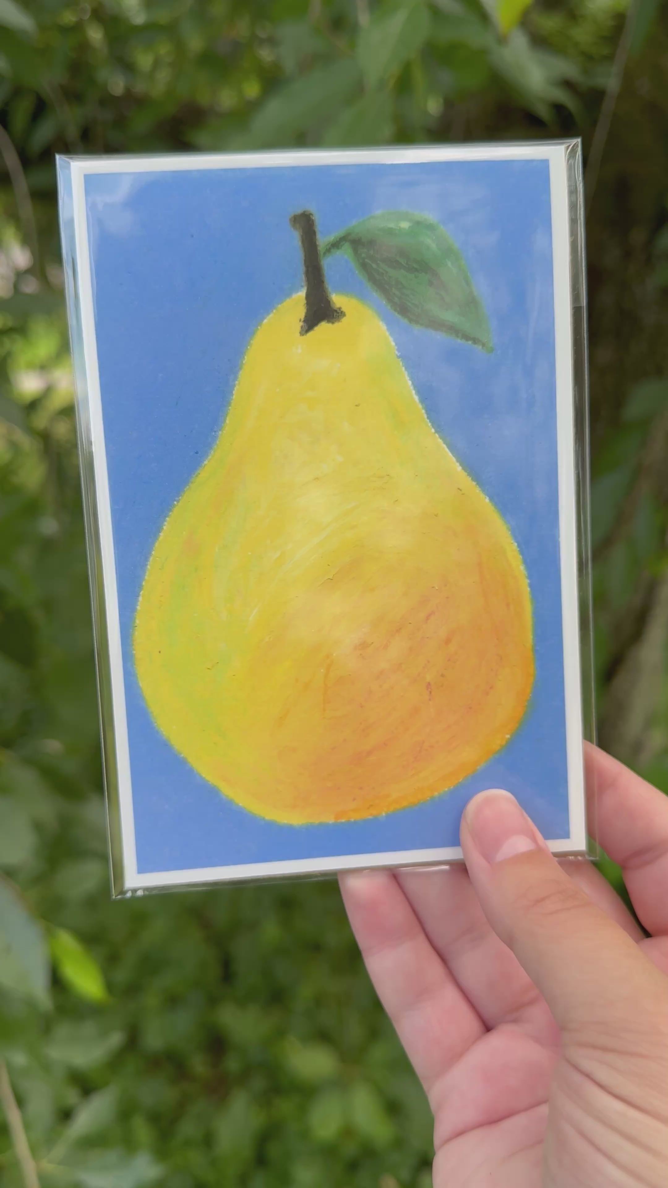 Close-up detail of pear oil pastel artwork – layered texture and color