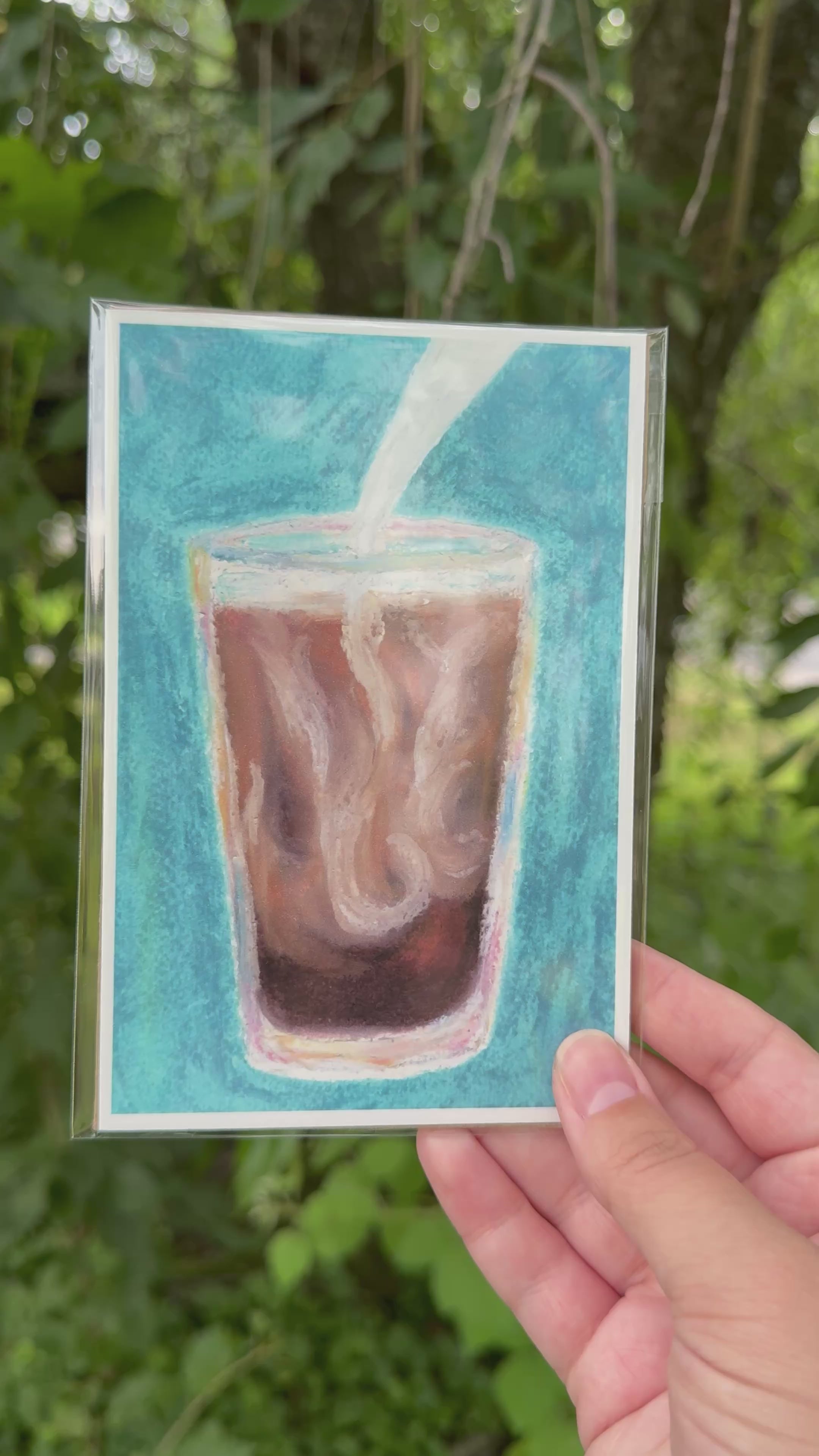 Close-up detail of iced coffee oil pastel artwork – layered texture and color