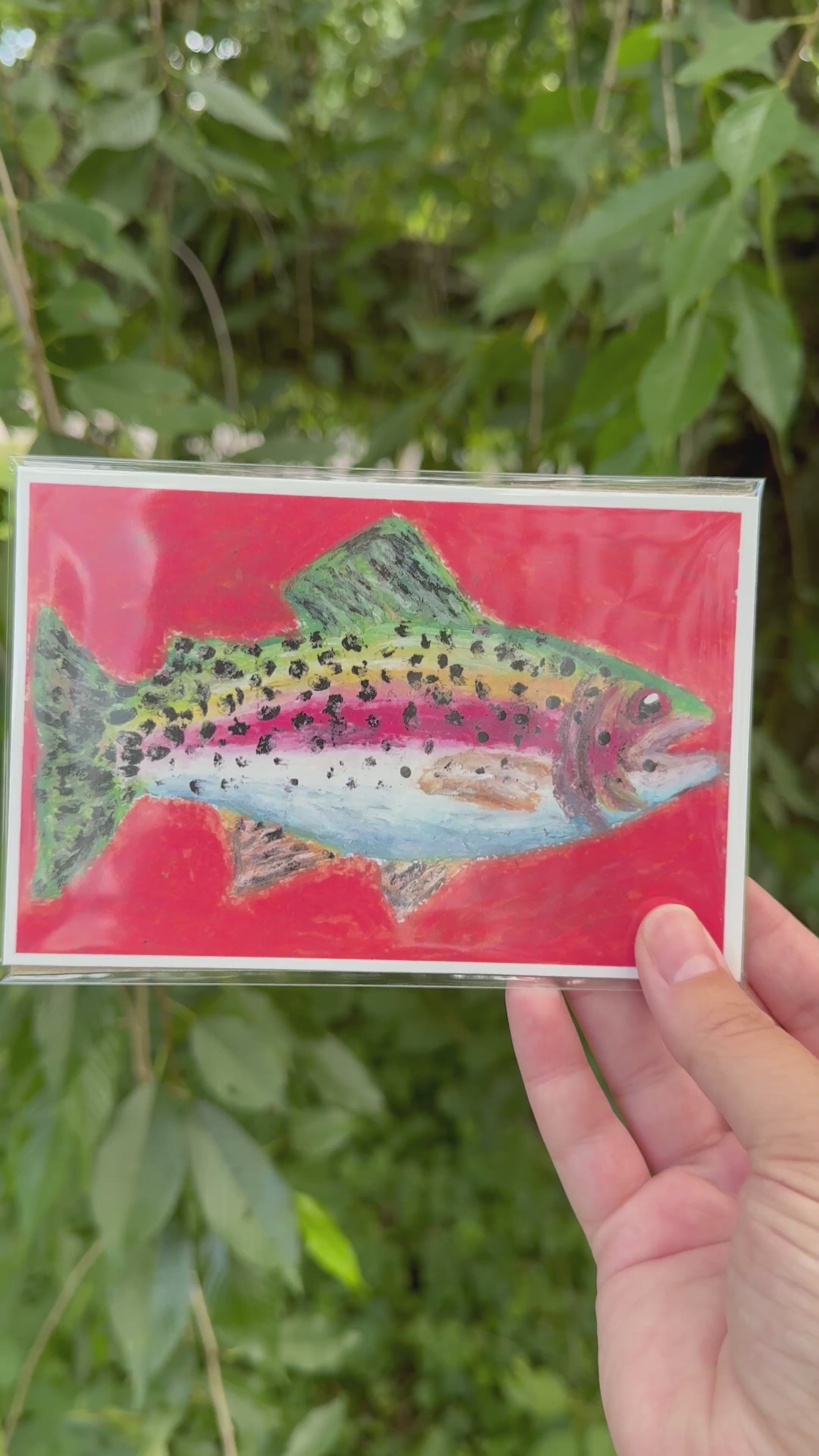 4x6 rainbow trout print shown next to hand for scale – small wall art