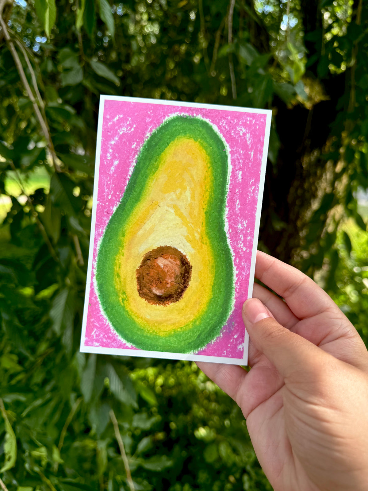 Avocado oil pastel art print 4x6 held by hand, unframed, vibrant green and yellow tones
